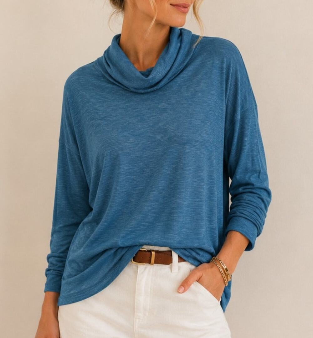Lilla P Womens Cowl Neck Knit Top XS Blue Teal Pima Cotton Minimal Quiet Luxury
